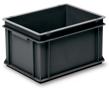 The image shows a rectangular, black plastic box without a lid. It has smooth walls, rounded corners, and a sturdy bottom. The box is practical for storing or transporting items.