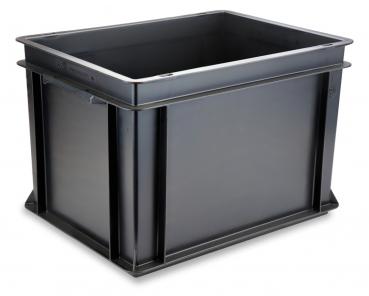 The image depicts a rectangular, black plastic box. It has tall, straight sides and is open at the top. The corners are rounded, and the surface is smooth and shiny.