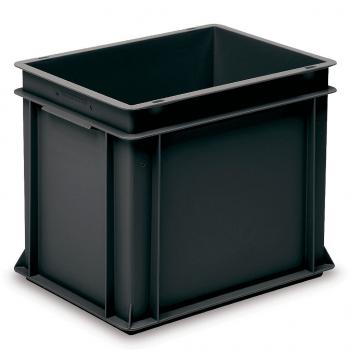 The image shows a black, rectangular plastic box without a lid. It has straight walls and a sturdy bottom. The edges are rounded, and the box appears robust and functional.