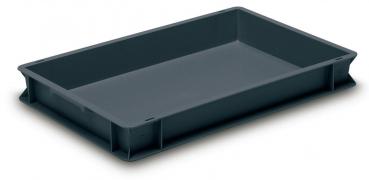 The image shows a rectangular, flat depression made of gray plastic. It has rounded edges and raised borders, ideal for transporting or storing items.