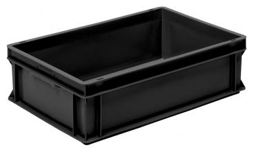 The image shows a rectangular, black plastic box. It has smooth walls, a flat bottom, and is open, without a lid. The corners are slightly rounded.
