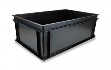 The image shows a rectangular, black plastic box with high walls. It has a flat bottom surface and is sturdy, ideal for storing or transporting items.