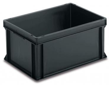 The image shows a rectangular, black plastic box without a lid. It has straight edges and a sturdy bottom, ideal for storing items.