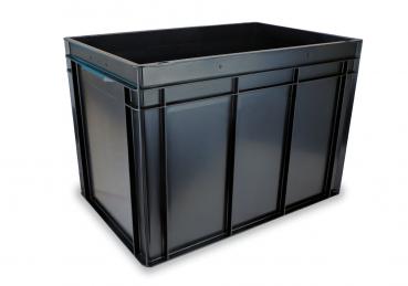 The image shows a large, black plastic crate with a square shape. It has grippy side walls and an open top area, ideal for storing items.
