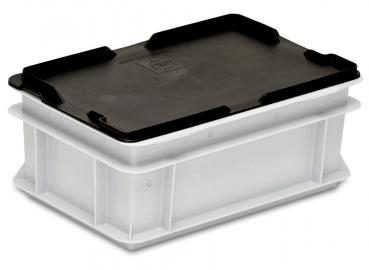 The image shows a rectangular storage box with a white body and a black lid. The box has a smooth surface and is sturdy, ideal for storing items.