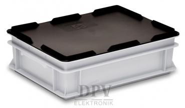 The image shows a rectangular plastic storage box. The box is translucent white with a black lid. The corners are rounded, and the lid has supports.