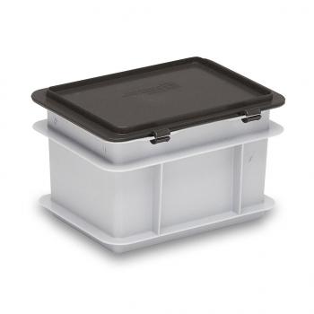This is a rectangular storage box with a gray body and a black lid. The box has handles and is made of plastic. It appears sturdy and functional.