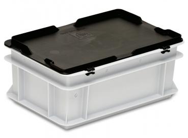 The image shows a rectangular storage box. It has a transparent, white body and a black lid with an easy grip. The box is sturdy and has side cutouts.