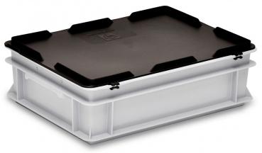 The image shows a rectangular plastic storage box. The box is white with a black, removable lid and has side grip openings for easy carrying.