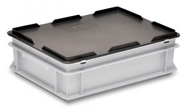 The image displays a rectangular storage box. It has a gray body and a black lid. The box features grippy edges and is sturdily constructed, ideal for storage.