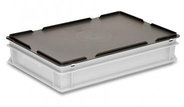 The image shows a rectangular, flat storage box. It has a transparent, glass bottom and a black, sturdy lid with side handles.