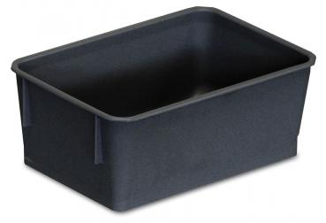 The image shows a rectangular, flat bowl made of black plastic. It has two side handles and is smooth on the inside. The edges are straight and the shape is sturdy.