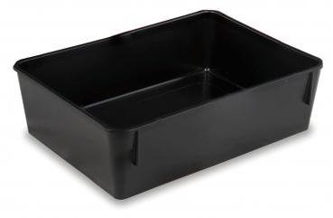 The image shows a rectangular, flat plastic dish. It is entirely black, has slightly high sides, and no lid. The corners are rounded, and the surface is smooth.