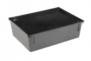 The image shows a rectangular, flat box made of black plastic with a simple, closed lid. It has straight edges and a smooth surface.