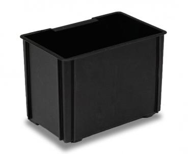 The image shows a square, black plastic box without a lid. It has solid walls and four flat feet at the bottom. The edges are slightly rounded.