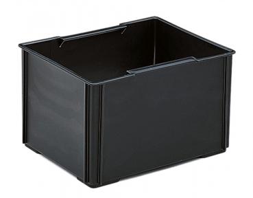 The image shows a black, rectangular plastic box without a lid. It has handle openings on the long sides and is sturdy with straight walls. The bottom is flat.