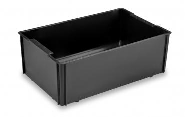 Das Bild zeigt eine eckige, schwarze Kunststoffbox ohne Deckel. Sie hat feste Wände und vier flache Füße an der Unterseite. Die Kanten sind leicht abgerundet.