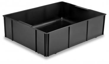 The image shows a rectangular, black plastic box without a lid. It has solid walls and a smooth, flat interior. The corners are slightly rounded.