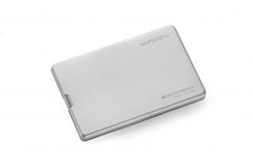The image shows a flat, rectangular, silver metal box that looks like a business card holder. It has rounded corners and a smooth surface with a slight reflection.