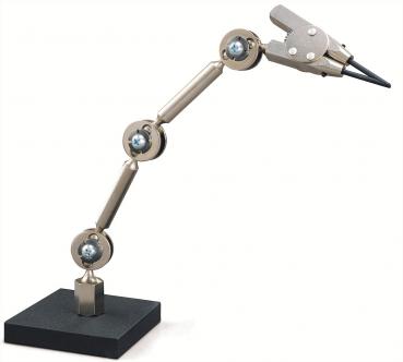 The image shows a flexible metal holder with multiple joints, attached to a square base made of black material. At the top, a pen-like end is visible.