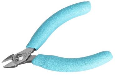 Es handelt sich um eine kleine Zange mit kurzen, spitzen, metallischen Klingen und rutschfesten Griffen in einem kräftigen Türkis. Ideal für präzise Arbeiten.