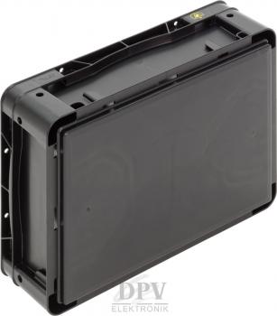 The image displays a black, rectangular casing with rounded corners. It has a smooth surface and is designed to accommodate electronic components.