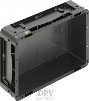 The image shows a black, rectangular plastic crate with open sides. It has reinforced corners and is empty inside. There are small notches at the top for handles or attachments.