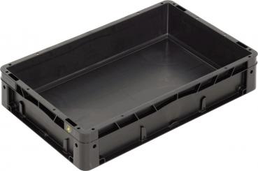 The image shows a rectangular, flat plastic box in black, with open sides and a sturdy bottom. It is lightweight and versatile.