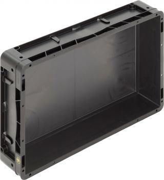Es ist eine rechteckige, schwarze Kunststoffbox. Sie hat eine glatte Oberfläche und an den Seiten sind Griff- oder Halterungen. Die Box ist offen und hat keine Deckel. Sie wirkt stabil und funktional.