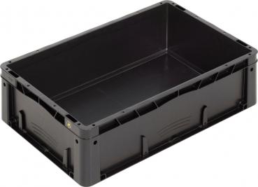 The image shows a rectangular, black plastic transport box. It has sturdy walls and an open top area. The bottom is flat, and the corners are rounded.