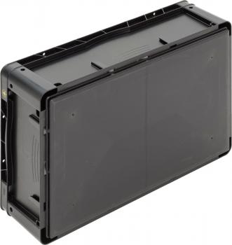 The image shows a rectangular, black plastic container. It has rough edges and a flat top, which may have a transparent lid.