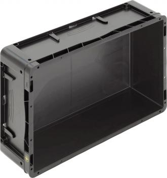 The image shows a black, rectangular plastic box without a lid. It has smooth walls and rounded corners, with handles on the sides for easy carrying.