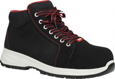 Der Schuh ist ein schwarzer Halbschuh mit rotem Innenfutter und Schnürsenkeln. Er hat eine robuste Sohle und eine leicht erhöhte Form, ideal für Arbeit oder outdoor Aktivitäten.