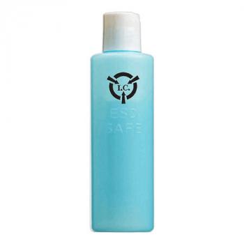 The image shows a slim, vertical bottle with a round, white cap. It has a light blue color and a simple logo in black that incorporates a kind of arrow.