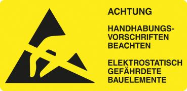 The image shows a yellow warning sign with a black triangle. Inside, there is a hand and a crossed-out metal part depicted. It indicates electrostatic hazards.