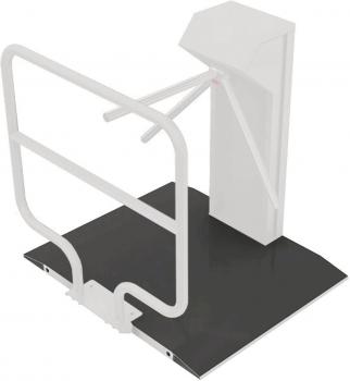 The image shows a white elevator cabin with a large black base. On the left side, there is a railing attached to the cabin. The design is modern and functional.