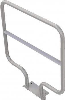 The image depicts a rectangular, freestanding metal railing. It features a top arch and a horizontal bar in the middle, with a sturdy base for mounting.
