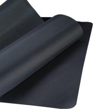 The image shows two black, non-slip mats. One mat is rolled up while the other lies flat underneath. Both have a textured surface.