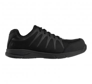 The shoe is a simple, black sneaker with a light, breathable upper. It features a smoothly designed sole and flat laces, ideal for athletic activities.