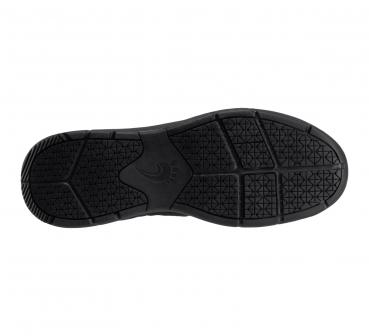 The image displays the sole of a black shoe. The surface is textured with various patterns and grooves, which provide good grip and flexibility.