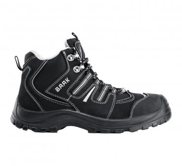 The shoe is a black, semi-open hiking shoe with a sturdy rubber sole. It has gray laces and a padded collar. The design is sporty and functional.