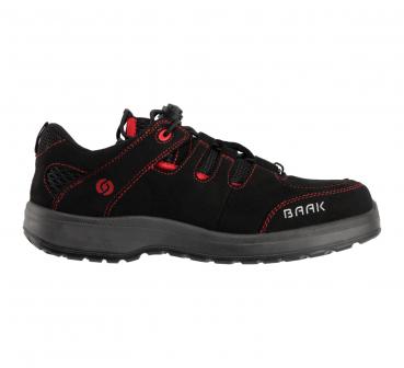 The shoe is sporty, black with red accents. It has a flat, rubberized sole and is lightly padded. The laces are elastic, and the material appears sturdy.
