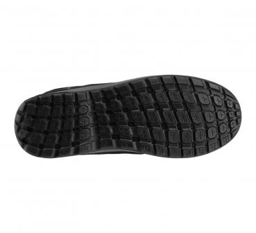 The image displays the underside of a black shoe. The sole features a textured pattern with various indentations and elevations for improved grip. It is sturdy and flexible.