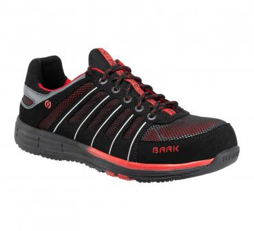 The shoe is black with red accents. It has a light, sporty shape and lacing. The material appears breathable, ideal for active use.
