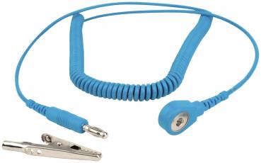 The image shows a blue, spiral-shaped cable with a clip on one end and a round connection on the other side. It is probably used for grounding or connecting.