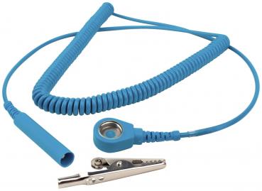 The image shows a blue, spiral cable with a round connector and an alligator clip. It is flexible and has a smooth, matte surface.