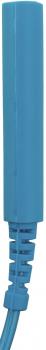The image shows a long, narrow, blue object that has a thin, straight extension on one end. The other end has a wavy shape. It is a cable or plug.