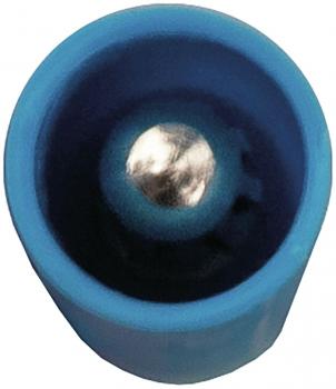 The image shows a blue, round bowl with a metallic ball in the center. The bowl has a smooth edge and is slightly hollow inside, making the ball clearly visible.