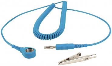 The image shows a blue coiled cable with a spiral cord. At one end there is a cable connector, and at the other a handle with a clamp.