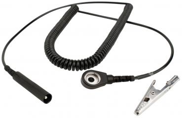 The image shows a cable with a spiral. At one end, there is a round connector, and at the other, a terminal clip. It is likely used for electrical connection.